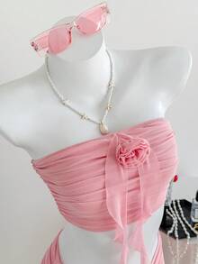 SHEIN EZwear Summer 3D Flower Embellished Ruched Slim Fit Cropped Tube Top And Mini Skirt 2pcs/Set - Pink - View 6