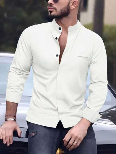 Calvornis Camisa casual de manga larga con botones delanteros de unicolor para hombres, otoño