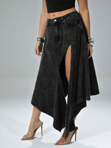 Denimoi 不对称开衩牛仔裙，夏日时尚