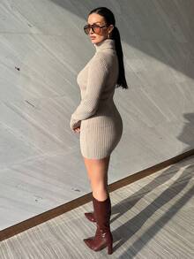 MDEdit High Neck Long Sleeve Fitted Rib Knit Mini Sweater Dress Classy Sexy Streetwear Fall Autumn Night Out Winter Christmas Party Evening Party Elegant - Light Grey - View 4