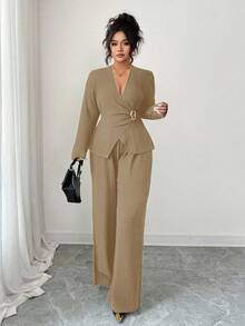 Elenzga Conjunto de duas peças plus size feminino estilo francês casual elegante em chiffon texturizado com mangas compridas, ideal para outono/inverno. - Caqui - Ver 4