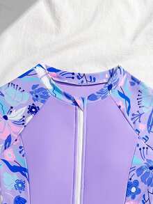 SHEIN Tween Girls 1-Piece Swimsuit With Zipper Front,Floral Print Short Sleeve,Modest Rash Guard Set,Purple Summer Casual Beach Holiday Vacation Holiday - Purple - View 3