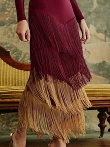 Váy dự tiệc tua rua Anewsta cạp cao màu đen và vàng thanh lịch gợi cảm, phù hợp cho Giáng sinh, Năm mới, Tiệc tùng, Mùa thu, Mùa đông, Mùa hè - Màu Đỏ Sâu - Xem 6