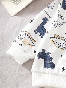 SHEIN Playful Pals 两件套男婴恐龙印花圆领长袖上衣和纯绿色裤子套装，适合户外玩耍、休闲和运动穿着，春秋季。 - 寶藍色 - 查看 4