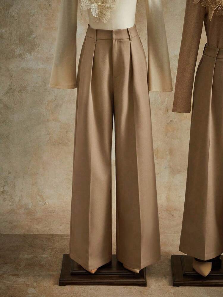 Elegant Stylish Pleated Design Khaki Women's Straight Leg Pants With Pockets, Suitable For Tall, Fall, Winter, Summer, Spring, New Year, Party, Wedding, Elegant, Chic, Stylish, Business Casual