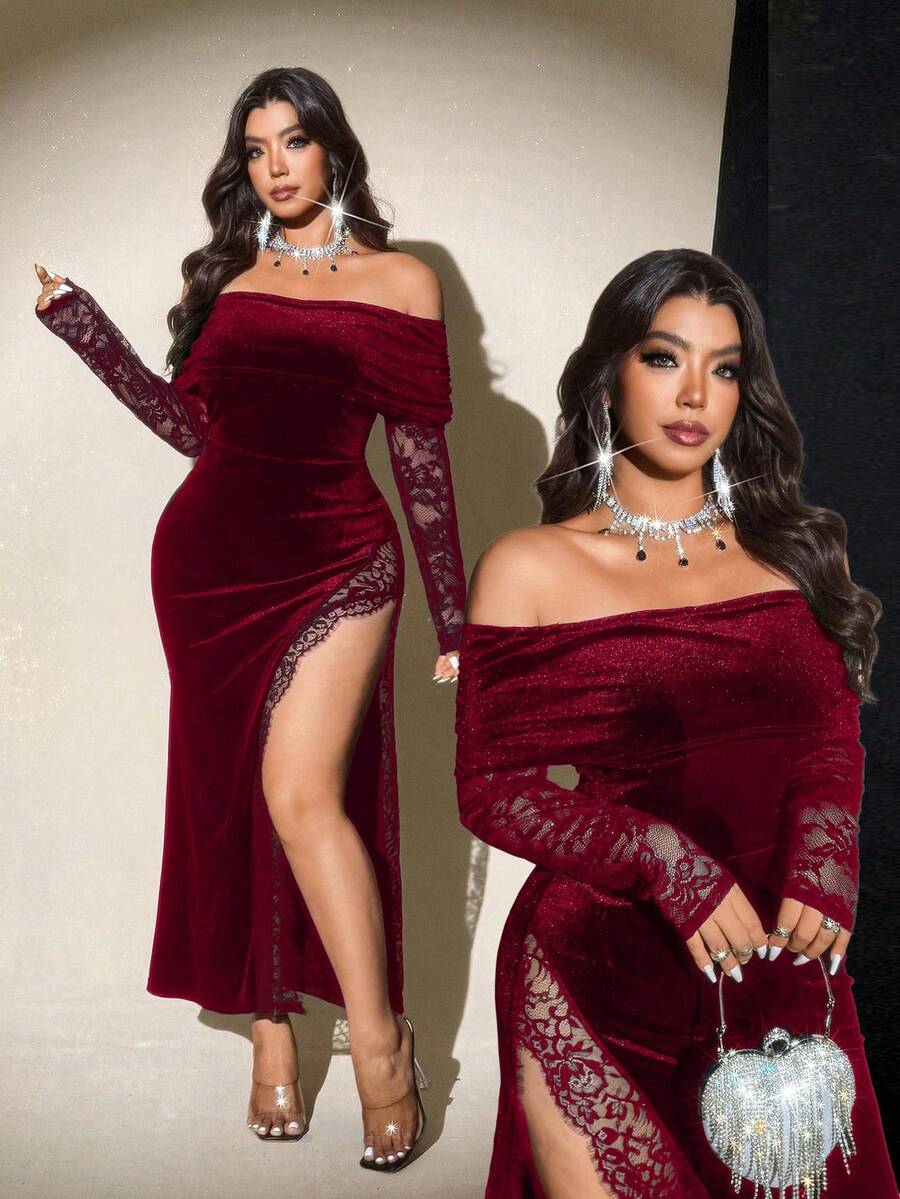 Viva Relle 大码女式春秋季丝绒拼接蕾丝露肩荷叶边高腰弹力面料高开衩连衣裙，优雅新年装扮 - 紅色 - 查看 1