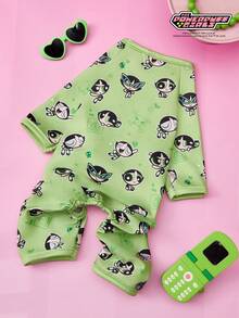 THE POWERPUFF GIRLS X PETSIN 1件装酷炫眼镜女孩情书印花宠物连体衣简约绿色亲肤透气宠物服装 - 綠色 - 查看 2