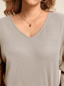 Juhart Maglietta larga da donna con scollo a V, spalle scoperte e fiocco decorativo, taglie comode - Grigio - Visualizzare 4