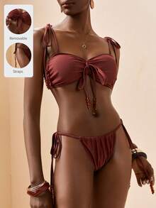 Zivah Nouveau bikini élégant et décontracté pour les vacances à la plage, avec nœud réglable et perles, rouge foncé et marron - Tabac - Voir 2