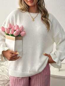 Oversized Casual Soft-Touch Knit Sweater With Ruffled Cuff Sleeves And Crew Neck In Vibrant All White Everyday Autumn - White - View 3