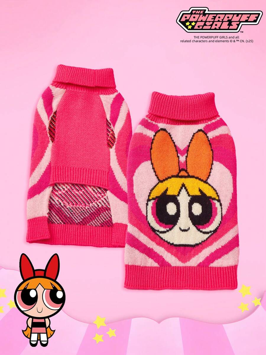 THE POWERPUFF GIRLS X PETSIN 1件宠物猫狗通用粉色爱心可爱卡通图案提花高领弹力舒适保暖狗狗毛衣 - 粉色 - 查看 1