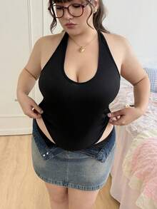 SHEIN EZwear Plus Size Solid Color Halter Neck Sleeveless Bodysuit - Black - View 1