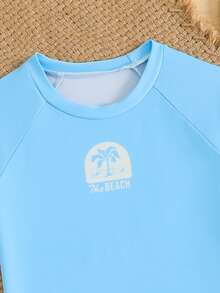 男童蓝色条纹印花短袖泳衣套装，休闲沙滩装 - 藍色 - 查看 6