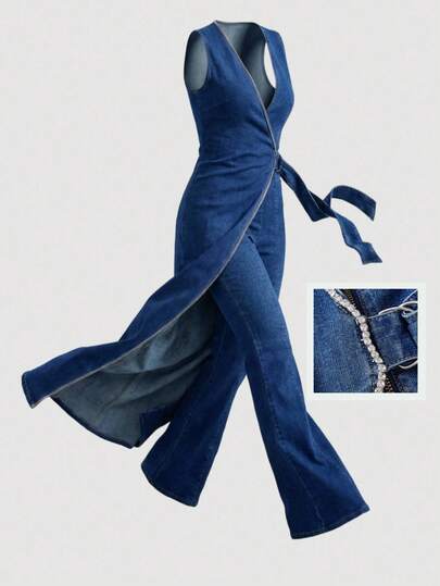 SHEIN Clasi Fashionable Casual Elegant Diamond Strap V-Neck Denim Jumpsuit With Wide Leg
