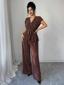 Elenzga Women's Brown V-Neck Pleated Textured Fabric Waist Tie Flared Design Elegant Blouse, Suitable For Valentine's Day, Easter, Labor Day, Birthday, Date, Party, Travel, Spring Outfit - Brown - View 3