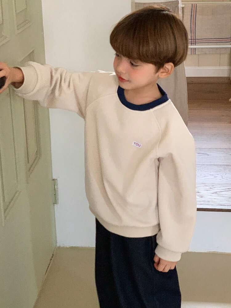Young Boy Casual Daily Commute Letter Graphic Contrast Round Neck Raglan Sleeve Loose Sweatshirt