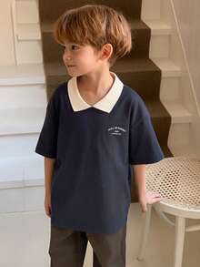 DAZY 男童字母印花撞色休闲短袖T恤 春季 - 藏蓝色 - 查看 6