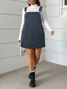 SHEIN EZwear Plus Size Women Solid Color Side Button Design Corduroy Strap Dress, Early Autumn - Dusty Blue - View 6