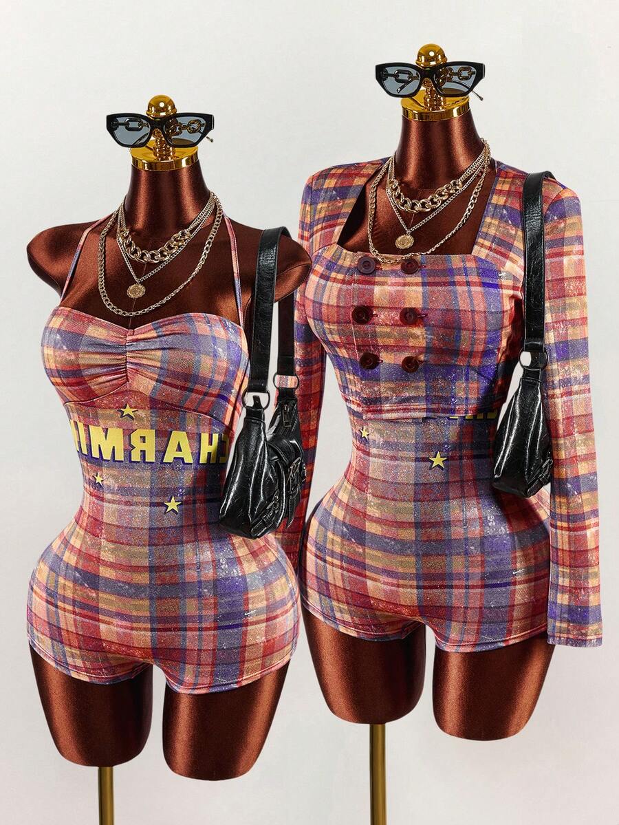 Amplova 2pcs/Set Women's Plaid Punk Street Style Jumpsuit And Jacket, Autumn/Winter Y2k Women Two Piece Outfits Plaid Two Piece Set - Multicolor - View 1