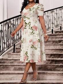SHEIN Lady 大码印花短袖优雅连衣裙 - 彩色 - 查看 7