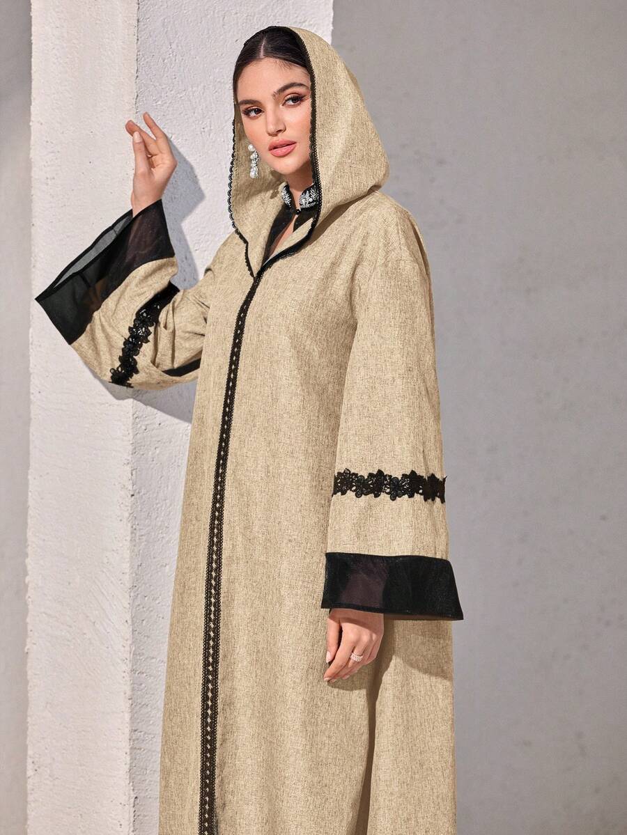 Al Najma 女士优雅撞色喇叭袖连帽阿拉伯风格连衣裙 - 卡其色 - 查看 1