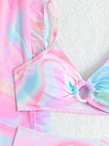 少女三件套比基尼，粉色荷叶边三角上衣、泳裤和沙滩裙，时尚优雅泳装，适合游泳、度假、夏季穿着（随机印花）。青少年三件套泳衣，沙滩少女套装，少女泳装，女孩沙滩套装，粉色少女泳装，保守比基尼套装，青少年三件套泳衣，少女套装，女孩两件套泳装，保守比基尼套装，粉色三件套泳装，粉色泳装，粉色泳衣，粉色泳装，沙滩套装 - 粉色 - 查看 3