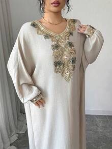Yasmyna Women's Elegant Sequin Embroidery V-Neck Loose Dress, Autumn Kaftan Jalabiya Dress - Khaki - View 7
