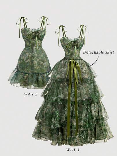 SHEIN MOD Vintage Oil Painting All Over Floral Floral Print Gorgeous 2in1 Dress With Detachable Multiple Skirts - Palace Style,Birthday Dress,Cruise Dress,Stacked Dress, Floral Dress, Green Dress,Beach Vacation Wear,Summer Dresses,Tea Party Dress,Vacation Outfits Woman,Flowy Dress,Party Dress,Bohemian Clothes,Halloween
