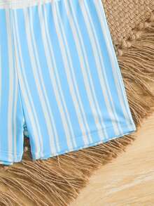 男童蓝色条纹印花短袖泳衣套装，休闲沙滩装 - 藍色 - 查看 5