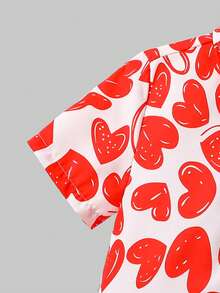2pcs Set Lapel Tween Boys Red Heart Print Fabric Short Sleeve Regular Length Co-Ords For Vacation And Casual Wear - Red - View 4