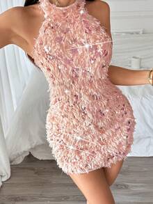 Rafferiza Apricot Sequins Halter Stretch Sexy Sleeveless Slim Women Bodycon Dress/Date/Party/Nightclub/Street /Halloween/Valentine's Day/Birthday Dress/Spring/Summer/Autumn/Winter New Short Dress Fall Clothes For Women Wedding Guest Dress Party Dresses Sequin Dress Elegant Dress Country Concert Outfit Elegant Dresses For Party Wedding Dress For Wedding Guest Halloween Christmas Winter Dress - Pink - View 5