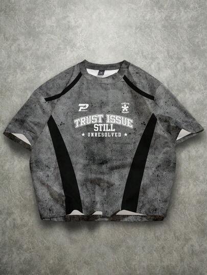 Manfinity ZONE917 高品质超大款做旧撞色印花短款T恤，街头风男士超大款印花短款T恤