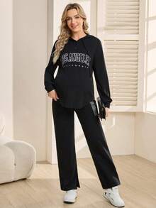 SHEIN Maternity Letter Print Drawstring Hoodie And Pants Set, Casual Sportswear - Black - View 6