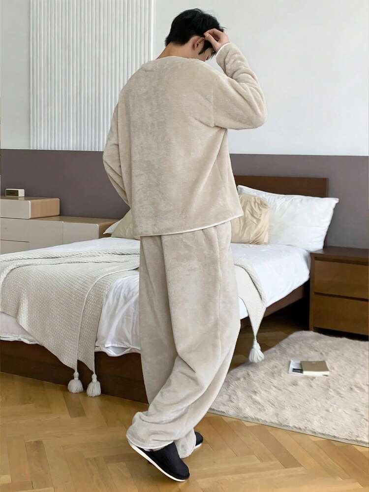 Men's Plush Fabric Letter Embroidered Cardigan Pajama Set, Apricot Color, Autumn/Winter