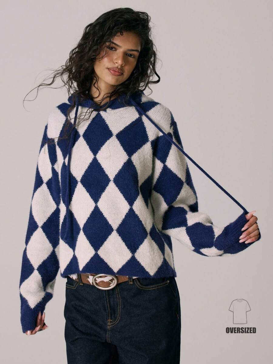 MUSERA 针织菱格纹抽绳连帽衫 休闲可爱秋冬舒适居家针织衫 Coco Cloud - 彩色 - 查看 1