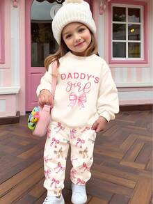 SHEIN Cream White, Sweet & Cute "Daddy's Girl" Letter, Colorful Bow Print, Baby Girl Casual Soft Long Sleeve Crew Neck Sweatshirt And Pants Tracksuit Set, Suitable For Autumn/Winter Daily Wear, Outings, Street Style, Home, Party, Valentine's Day
