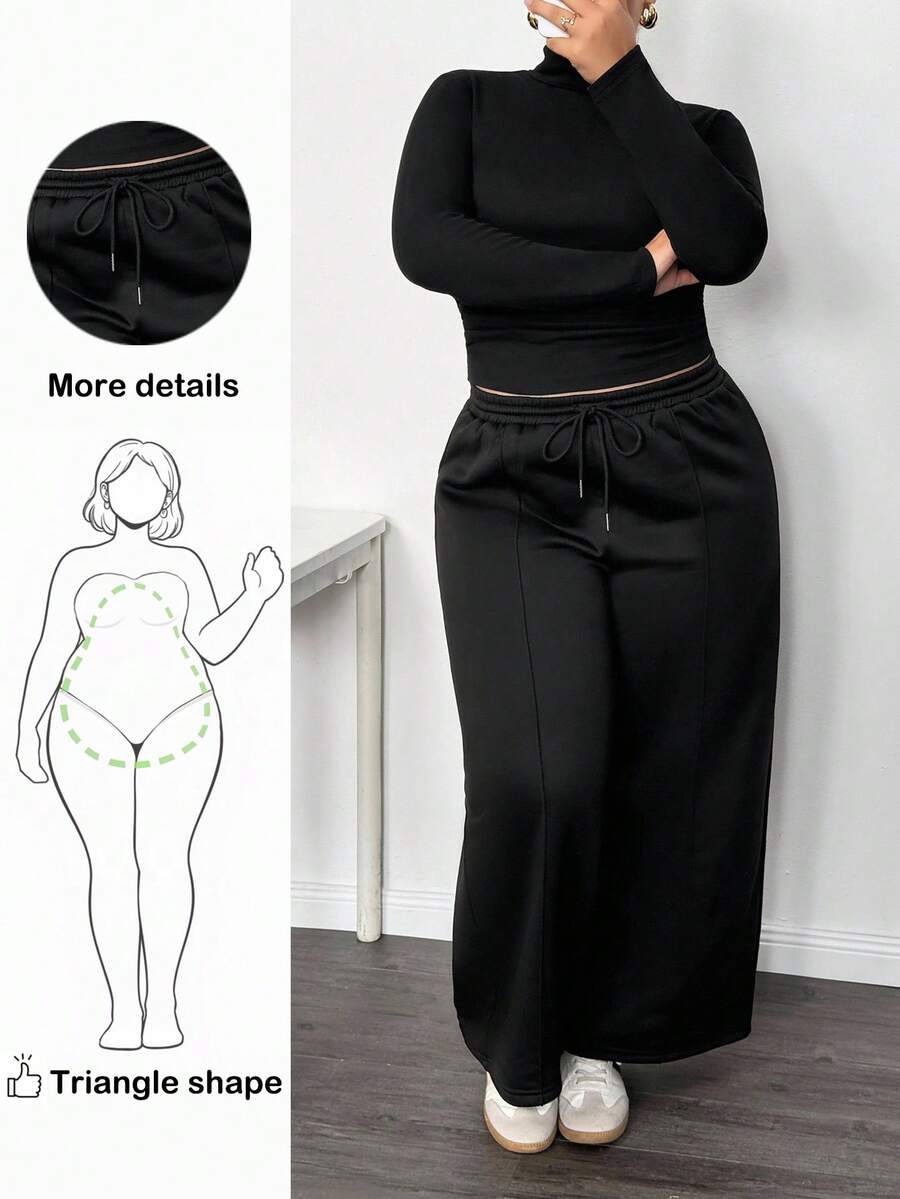 Truni Plus Size Solid Color Turtleneck T-Shirt And Pants 2 Pieces Set, Casual For Autumn/Winter/Autumn /Winter - Black - View 1