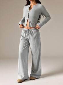 SHEIN PETITE Women Luxurious Ribbed Knit Co-Ord Set Long Sleeve Button Up Cardigan With Wide Leg Pants Fall Winter Loungewear - Grey - View 4