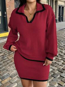 SHEIN LUNE Plus Size Women 2-Piece Set, Long Sleeve Color Block Collared V-Neck Sweater Top And Mini Skirt Sweater Dress, Casual Elegant Knit Suit - Burgundy - View 1