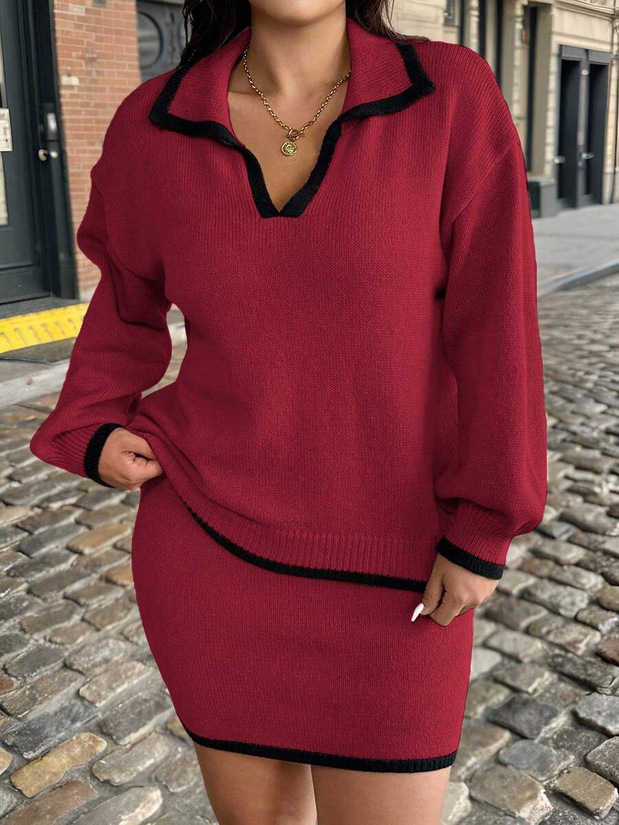 SHEIN LUNE Plus Size Women 2-Piece Set, Long Sleeve Color Block Collared V-Neck Sweater Top And Mini Skirt Sweater Dress, Casual Elegant Knit Suit - Burgundy - View 1