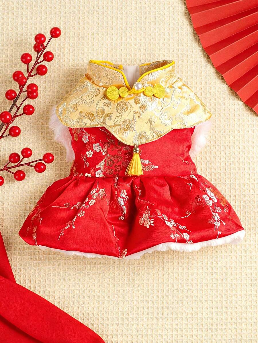PETSIN 1件猫狗服装，新年宠物唐装，冬季加厚保暖连衣裙 - 紅色 - 查看 1
