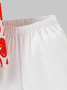 2pcs Set Lapel Tween Boys Red Heart Print Fabric Short Sleeve Regular Length Co-Ords For Vacation And Casual Wear - Red - View 3