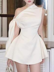 Vestido corto sweet trendy elegante de un hombro con detalle de lazo para eventos especiales cualquier ocasión asthetic - Albaricoque - Ver 1