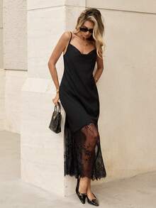 SHEIN PariChic Neues Frühjahr/Sommer Nischen-Designer Schwarzes Chic-Kleid mit exquisiter Blumenspitze asymmetrischem Saum - Sexy & Elegantes Slim-Fit Langes Kleid für Bankette & Dates - Schwarz - Übersicht 4