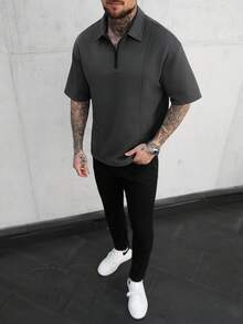 Manfinity CasualCool Men's Polo Shirt With Patchwork Design, Fashionable And Versatile For Daily Wear Mens Black Polo Shirt Mens Zipper Polo Shirt Mens Short Sleeve Zipper Shirt Mens Black Shirt Mens Collared Shirt,Daily Leisure, Weekend Trips, Outdoor Activities, Travel Expeditions, Relaxed Work Environments Or Semi-Formal Occasions, Boyfriend/Husband Gift, Anniversary /Birthday Gift Party Summer Vacation Holiday New Years Wedding Valentine's Day, Black Polo Men Mens Black Collar Shirt - Grey - View 4