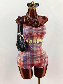 Amplova 2pcs/Set Women's Plaid Punk Street Style Jumpsuit And Jacket, Autumn/Winter Y2k Women Two Piece Outfits Plaid Two Piece Set - Multicolor - View 8
