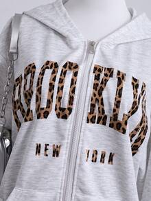 Teen Girl 250g Heavyweight Leopard Print & Letter Graphic Sweatshirt Jacket, Casual Street Style, Suitable For Spring & Autumn - Light Grey - View 8