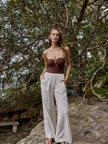 Aralina Pantalones casuales, elegantes y de lujo para mujer con cintura elástica y rayas, con pierna ancha, perfectos para looks de fiesta de Navidad y Año Nuevo - Multicolor - Ver 7