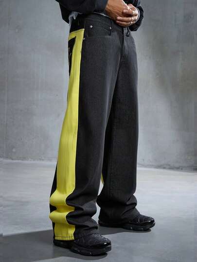 Grunge Punk Jeans rectos y holgados con bloques de color para hombres