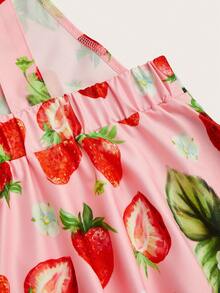 Sweetra 时尚百搭优雅可爱田园草莓印花连衣裙，收腰A字吊带迷你裙，女士 - 彩色 - 查看 3